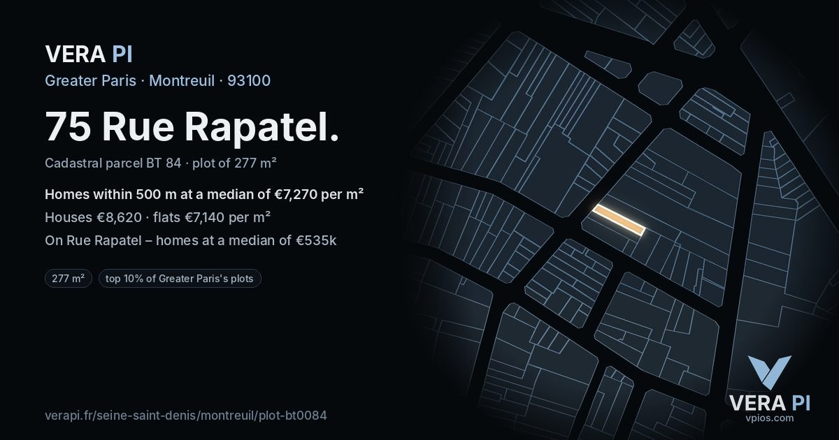 75 Rue Rapatel, Montreuil at night – the plot lit, the parcels around coloured by the prices near them