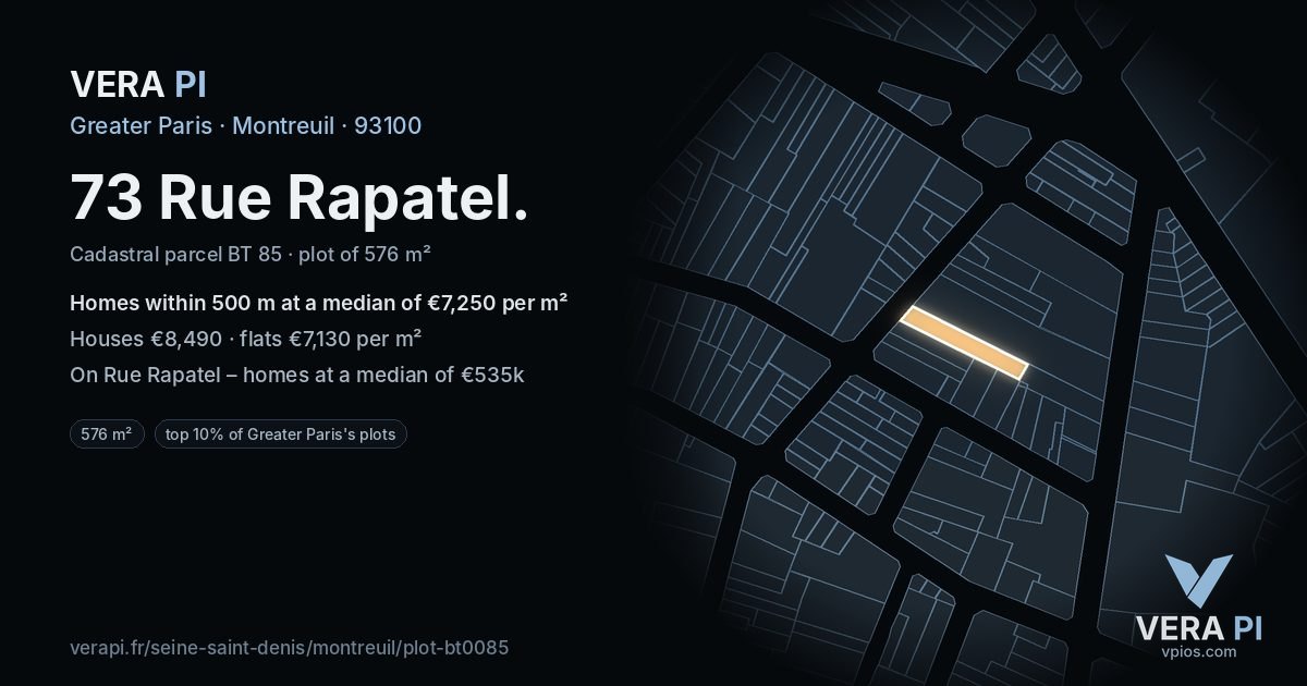 73 Rue Rapatel, Montreuil at night – the plot lit, the parcels around coloured by the prices near them