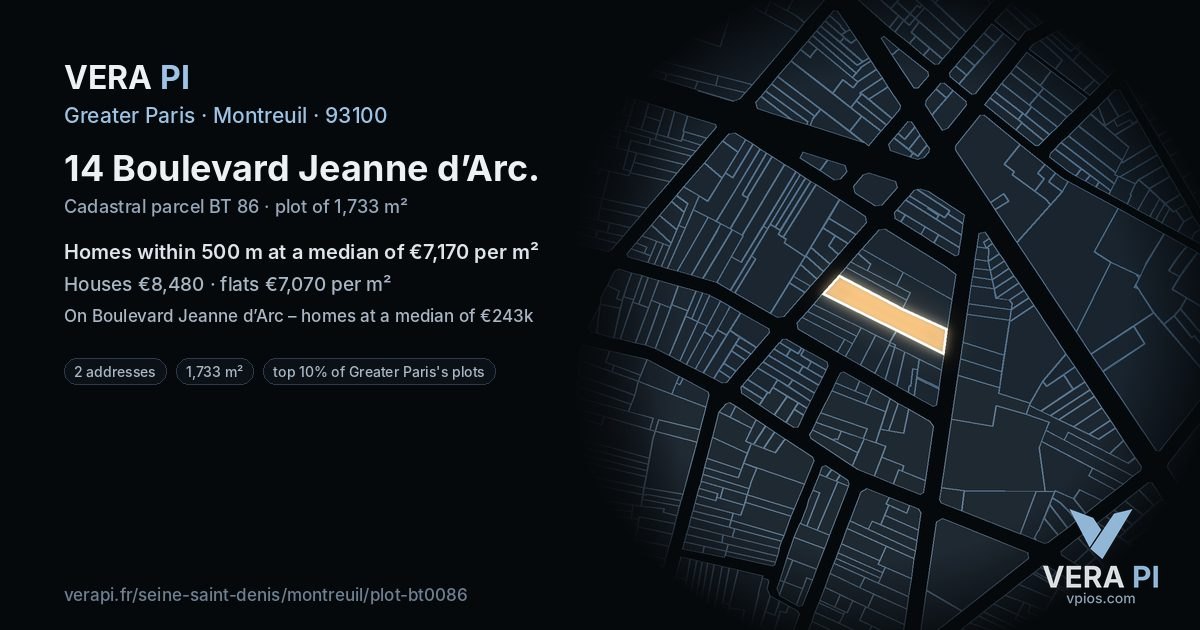 14 Boulevard Jeanne d’Arc, Montreuil at night – the plot lit, the parcels around coloured by the prices near them