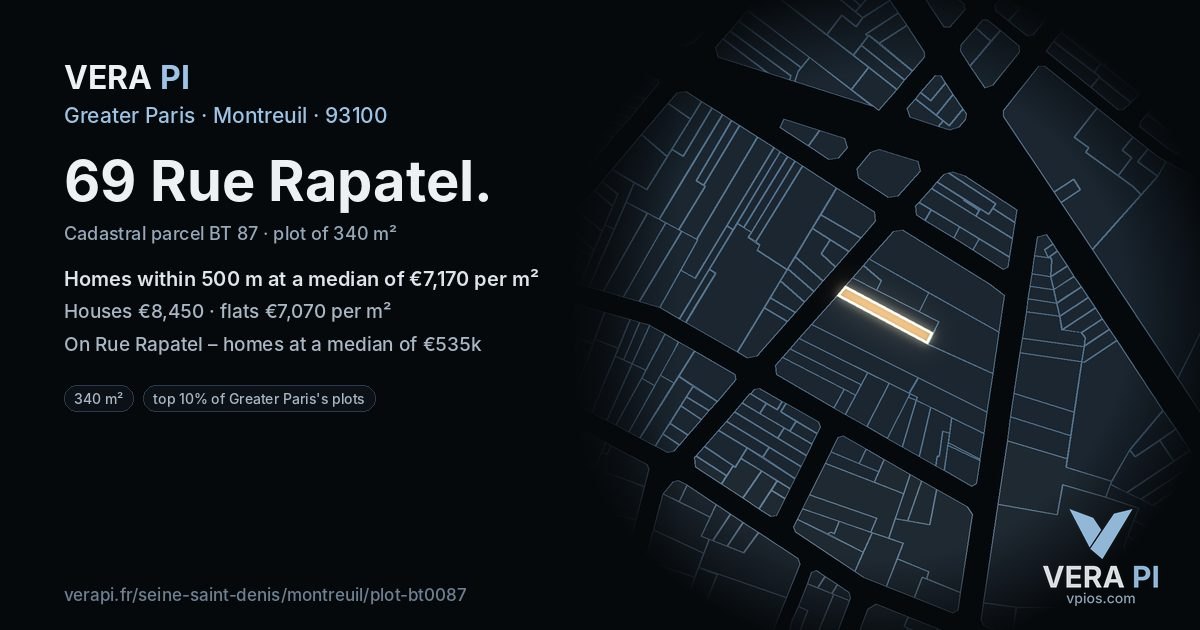 69 Rue Rapatel, Montreuil at night – the plot lit, the parcels around coloured by the prices near them