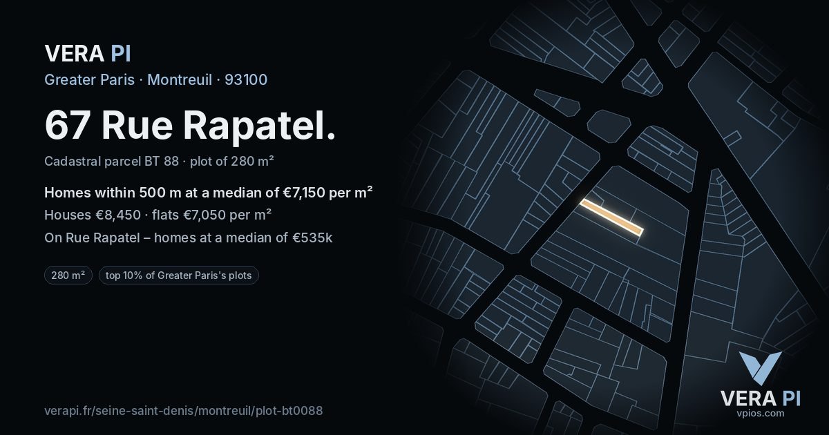 67 Rue Rapatel, Montreuil at night – the plot lit, the parcels around coloured by the prices near them