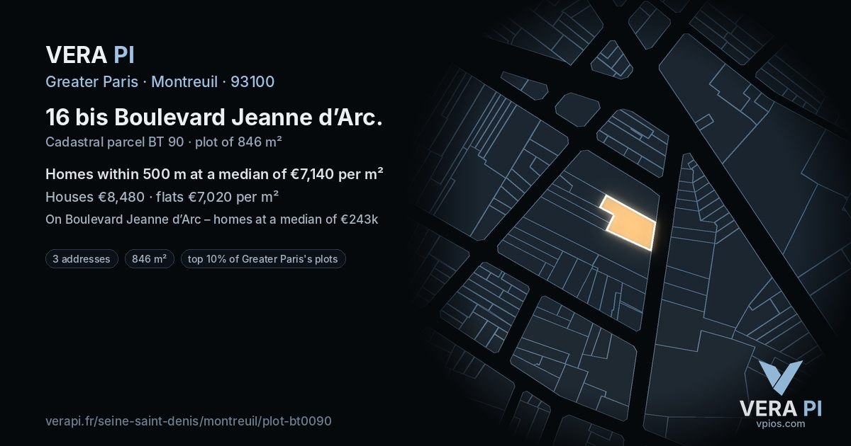16 bis Boulevard Jeanne d’Arc, Montreuil at night – the plot lit, the parcels around coloured by the prices near them