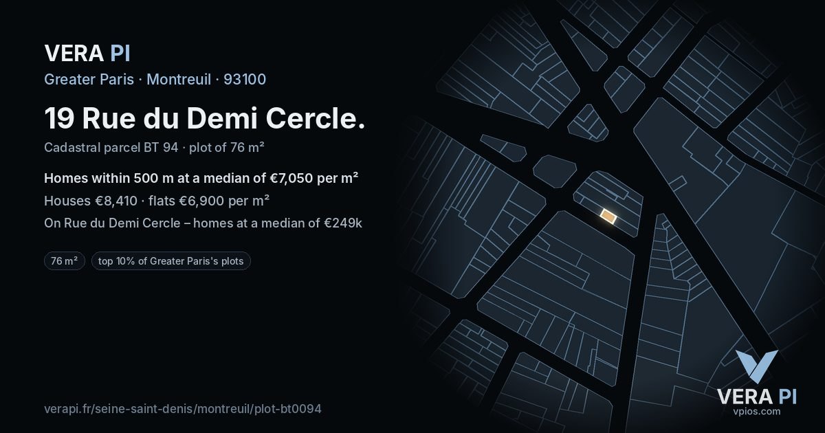 19 Rue du Demi Cercle, Montreuil at night – the plot lit, the parcels around coloured by the prices near them