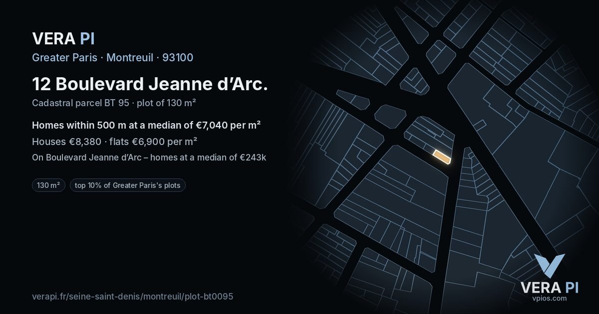 12 Boulevard Jeanne d’Arc, Montreuil at night – the plot lit, the parcels around coloured by the prices near them