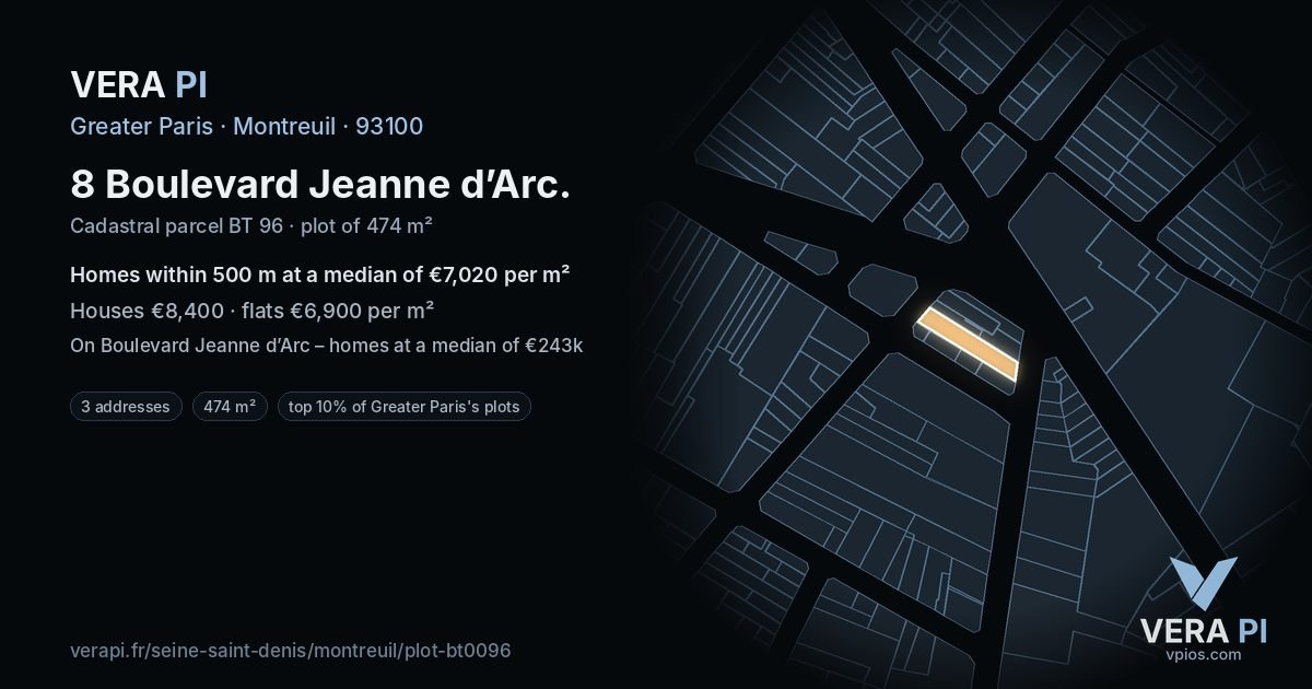 8 Boulevard Jeanne d’Arc, Montreuil at night – the plot lit, the parcels around coloured by the prices near them