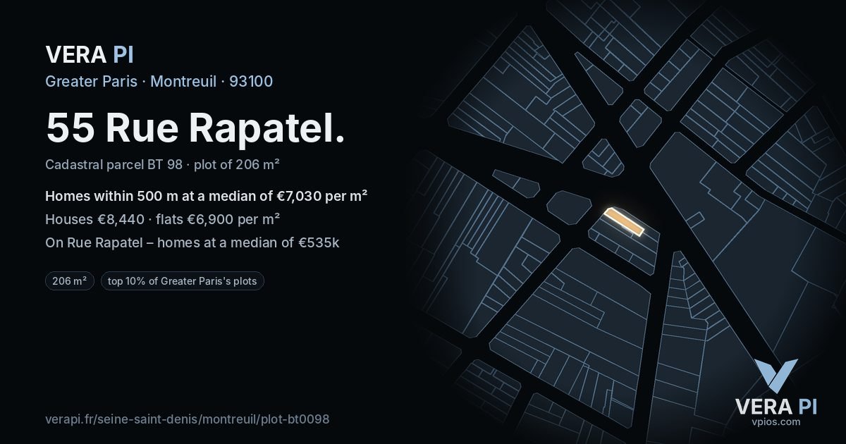 55 Rue Rapatel, Montreuil at night – the plot lit, the parcels around coloured by the prices near them