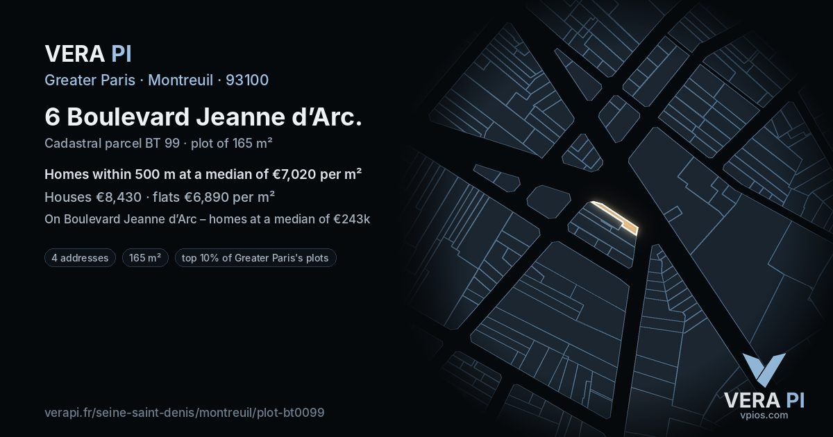 6 Boulevard Jeanne d’Arc, Montreuil at night – the plot lit, the parcels around coloured by the prices near them
