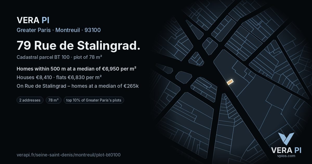 79 Rue de Stalingrad, Montreuil at night – the plot lit, the parcels around coloured by the prices near them