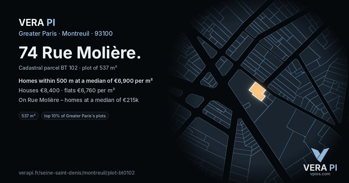 74 Rue Molière, Montreuil at night – the plot lit, the parcels around coloured by the prices near them
