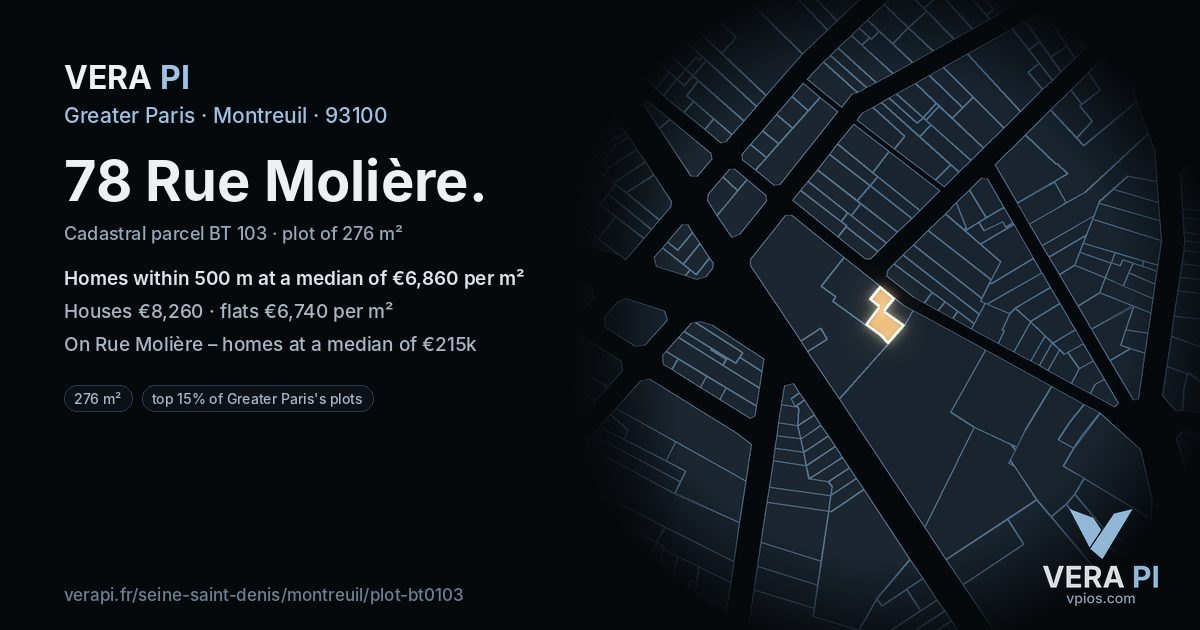 78 Rue Molière, Montreuil at night – the plot lit, the parcels around coloured by the prices near them
