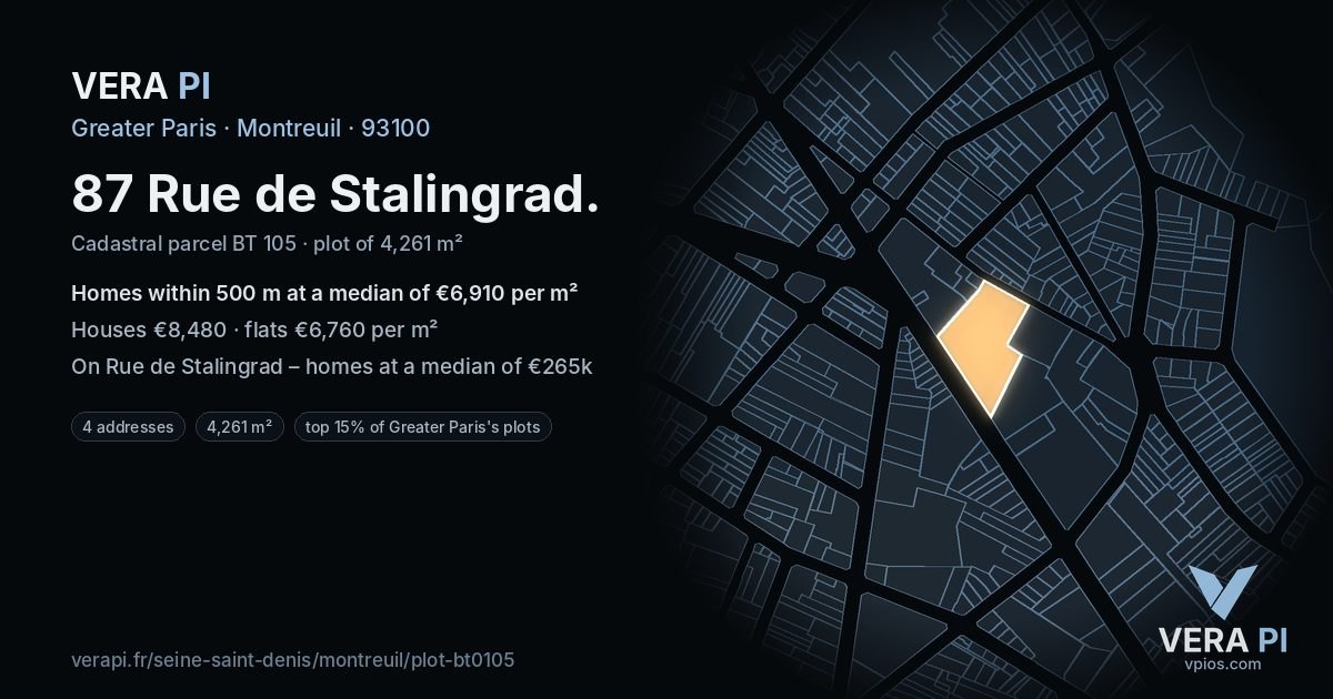 87 Rue de Stalingrad, Montreuil at night – the plot lit, the parcels around coloured by the prices near them