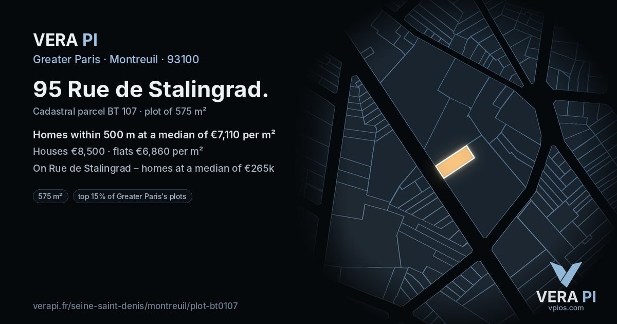 95 Rue de Stalingrad, Montreuil at night – the plot lit, the parcels around coloured by the prices near them