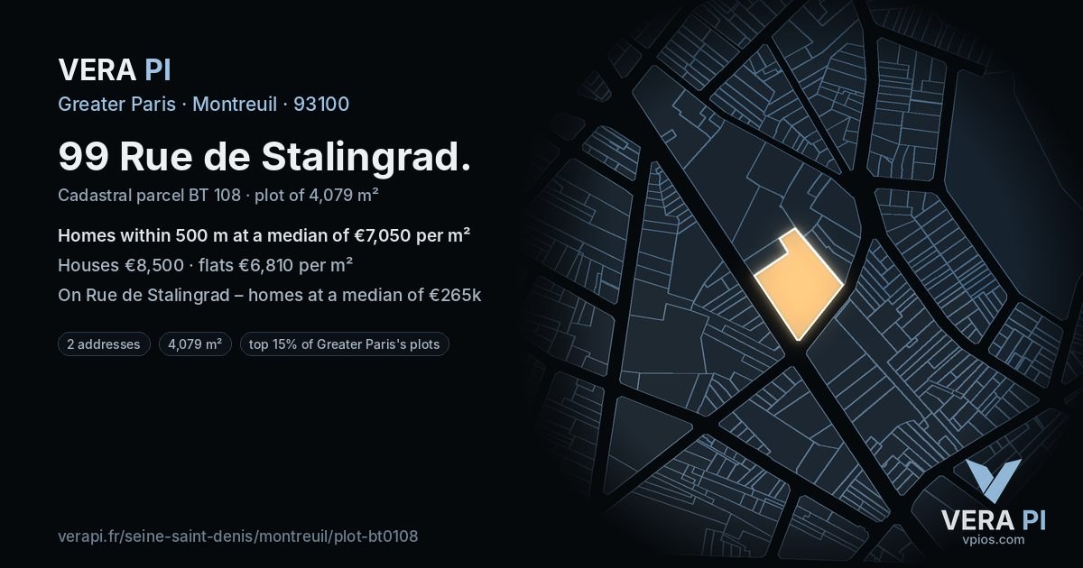 99 Rue de Stalingrad, Montreuil at night – the plot lit, the parcels around coloured by the prices near them