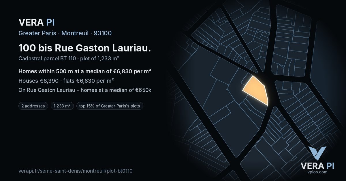 100 bis Rue Gaston Lauriau, Montreuil at night – the plot lit, the parcels around coloured by the prices near them