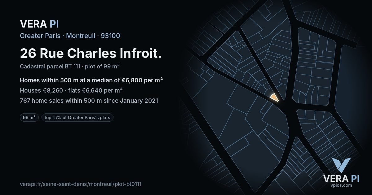 26 Rue Charles Infroit, Montreuil at night – the plot lit, the parcels around coloured by the prices near them