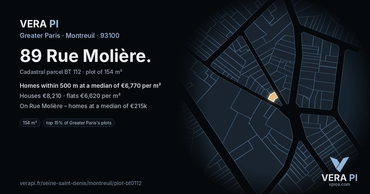 89 Rue Molière, Montreuil at night – the plot lit, the parcels around coloured by the prices near them