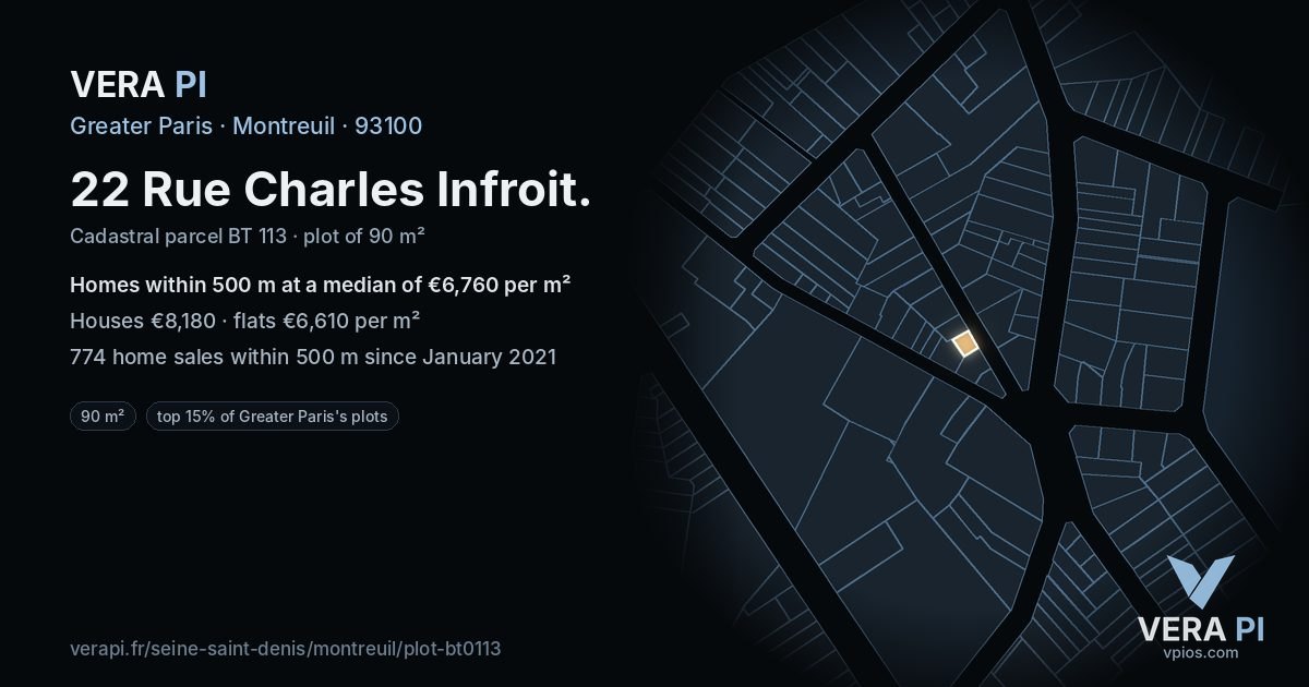 22 Rue Charles Infroit, Montreuil at night – the plot lit, the parcels around coloured by the prices near them
