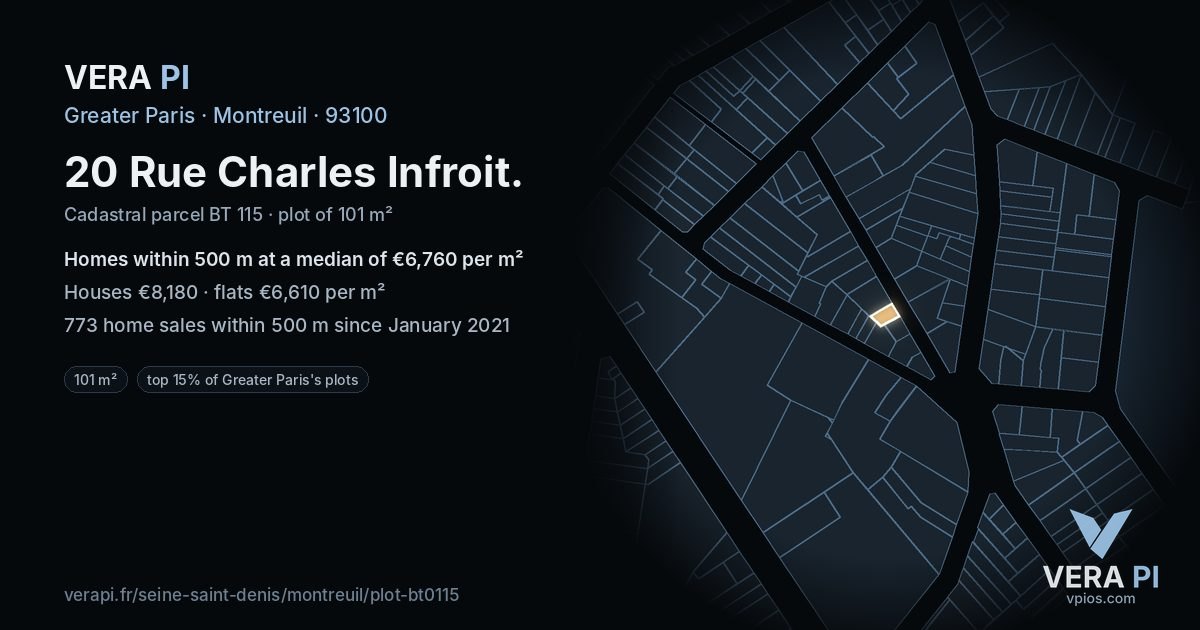 20 Rue Charles Infroit, Montreuil at night – the plot lit, the parcels around coloured by the prices near them