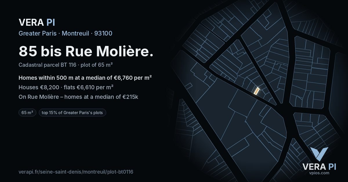 85 bis Rue Molière, Montreuil at night – the plot lit, the parcels around coloured by the prices near them