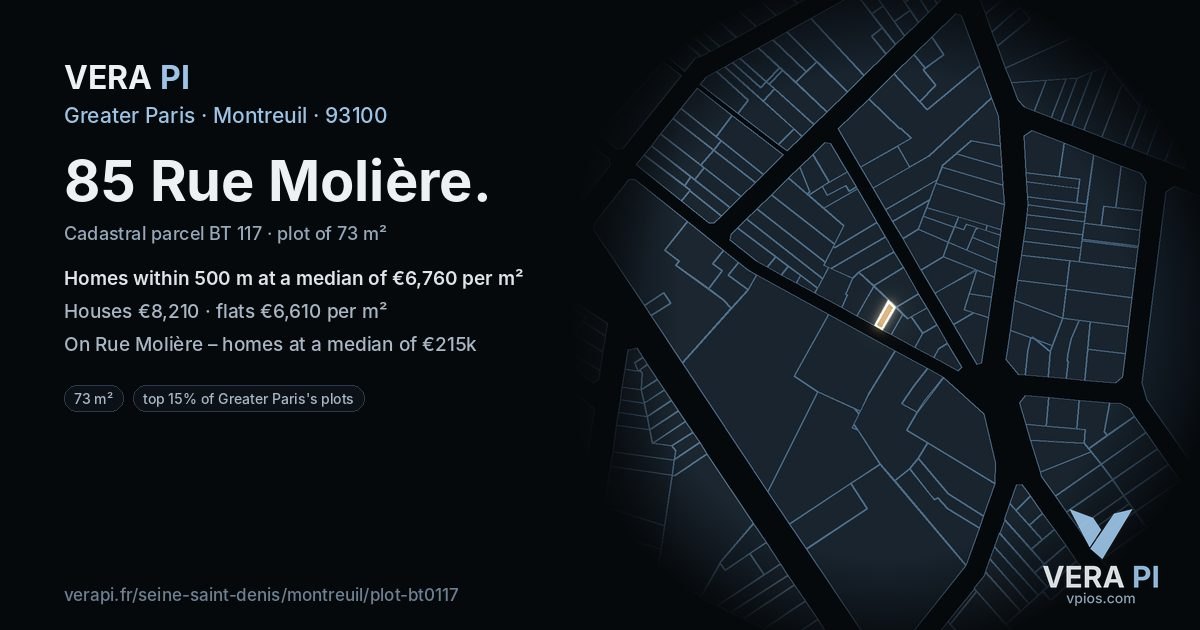 85 Rue Molière, Montreuil at night – the plot lit, the parcels around coloured by the prices near them