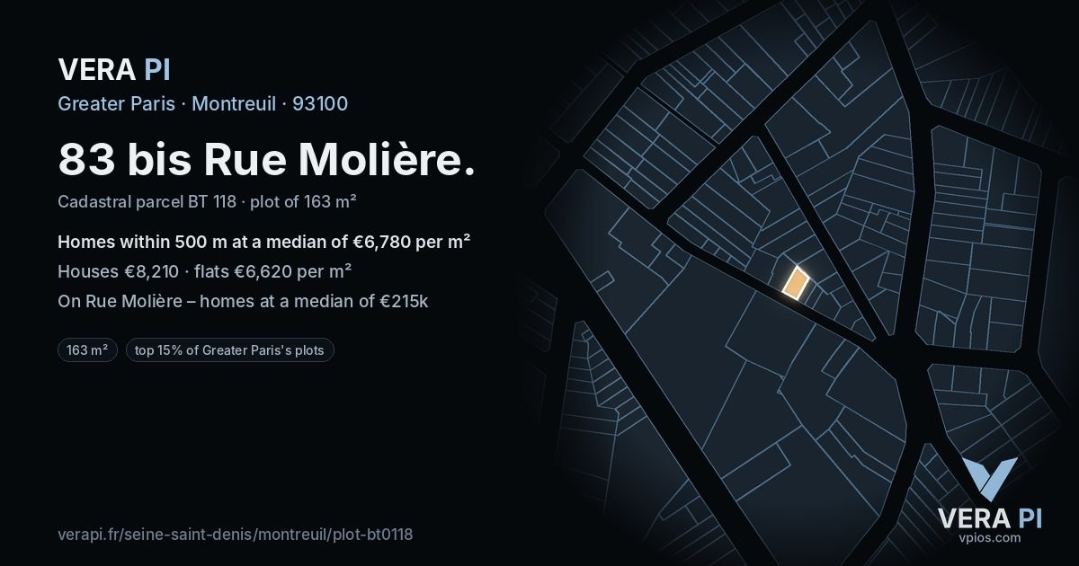 83 bis Rue Molière, Montreuil at night – the plot lit, the parcels around coloured by the prices near them