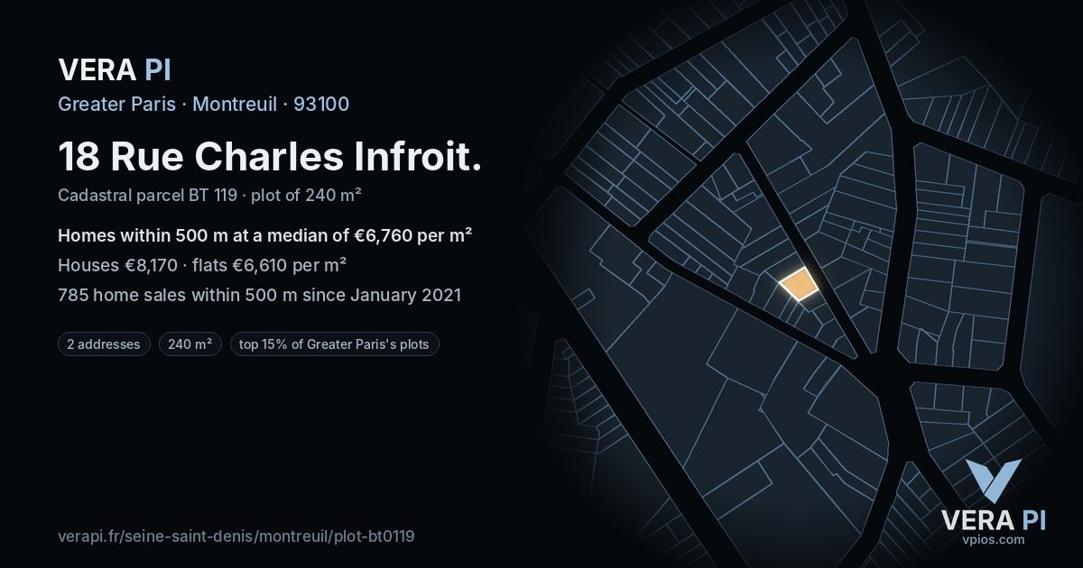 18 Rue Charles Infroit, Montreuil at night – the plot lit, the parcels around coloured by the prices near them