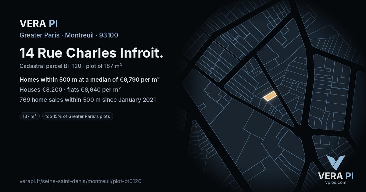 14 Rue Charles Infroit, Montreuil at night – the plot lit, the parcels around coloured by the prices near them