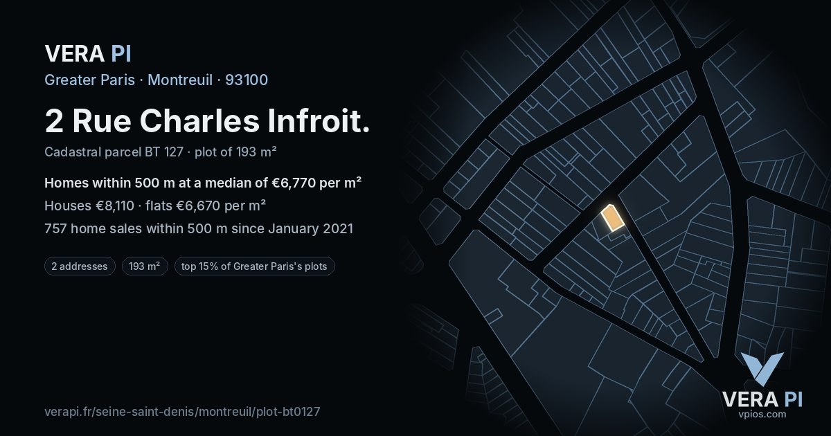 2 Rue Charles Infroit, Montreuil at night – the plot lit, the parcels around coloured by the prices near them