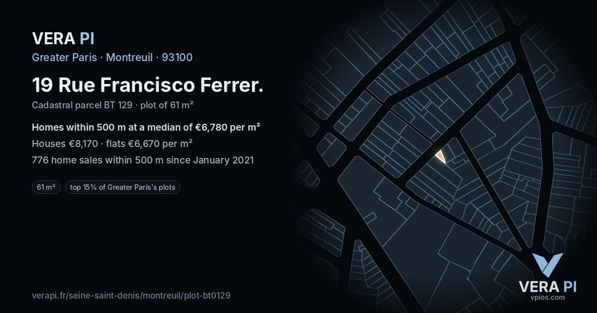 19 Rue Francisco Ferrer, Montreuil at night – the plot lit, the parcels around coloured by the prices near them