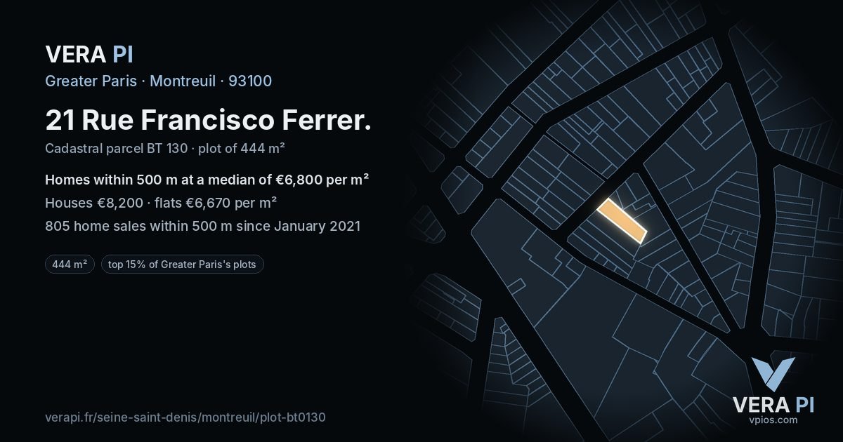 21 Rue Francisco Ferrer, Montreuil at night – the plot lit, the parcels around coloured by the prices near them