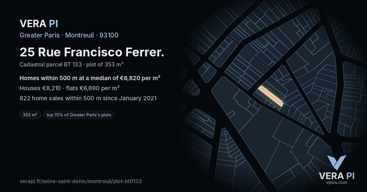 25 Rue Francisco Ferrer, Montreuil at night – the plot lit, the parcels around coloured by the prices near them