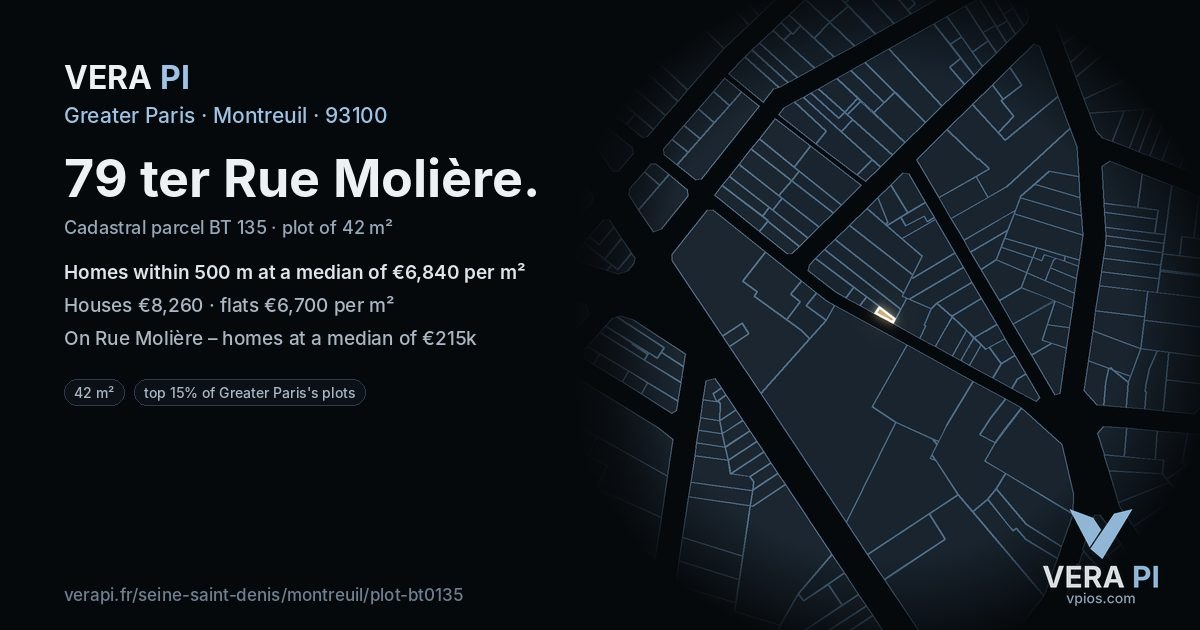 79 ter Rue Molière, Montreuil at night – the plot lit, the parcels around coloured by the prices near them