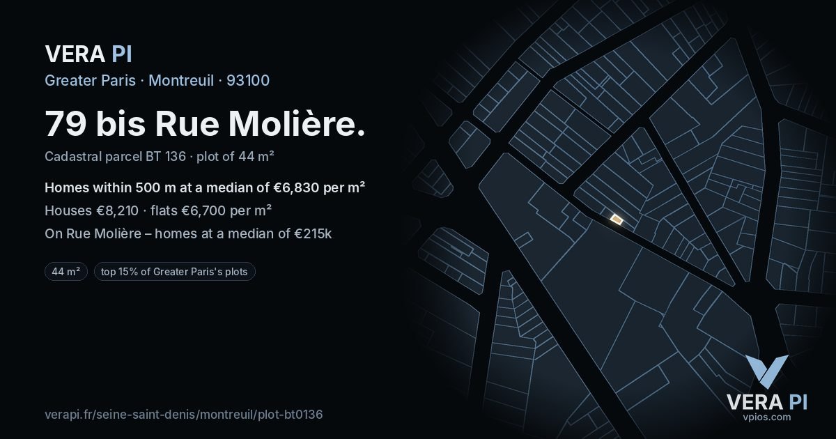 79 bis Rue Molière, Montreuil at night – the plot lit, the parcels around coloured by the prices near them