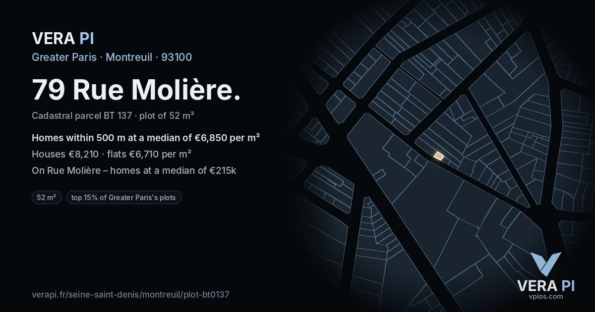 79 Rue Molière, Montreuil at night – the plot lit, the parcels around coloured by the prices near them