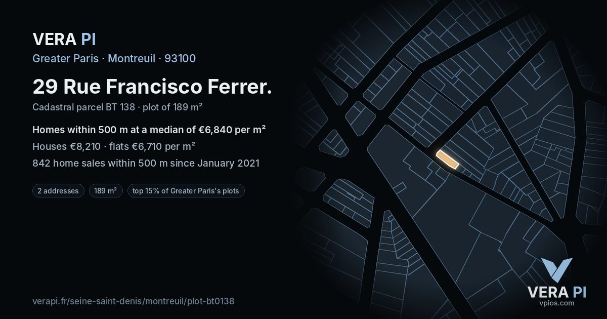 29 Rue Francisco Ferrer, Montreuil at night – the plot lit, the parcels around coloured by the prices near them