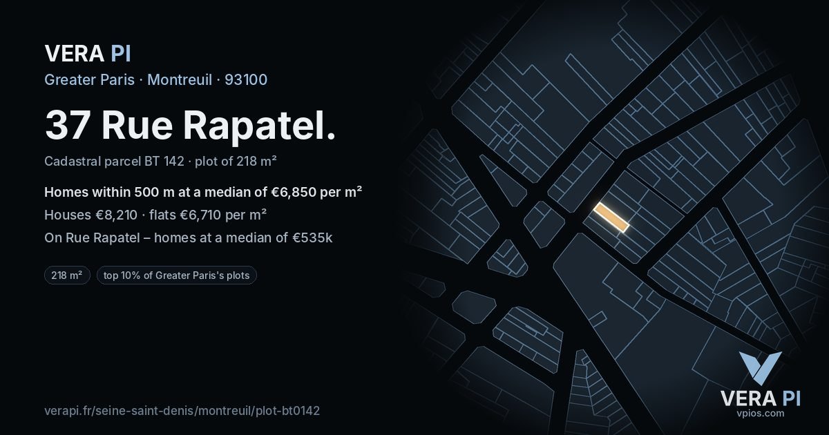 37 Rue Rapatel, Montreuil at night – the plot lit, the parcels around coloured by the prices near them
