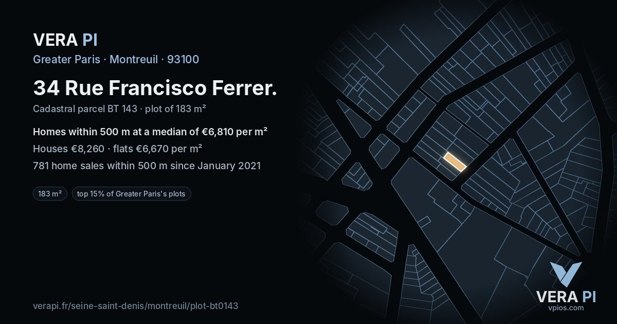 34 Rue Francisco Ferrer, Montreuil at night – the plot lit, the parcels around coloured by the prices near them