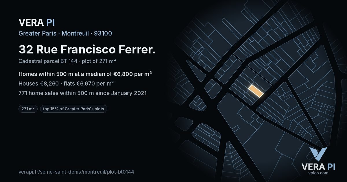 32 Rue Francisco Ferrer, Montreuil at night – the plot lit, the parcels around coloured by the prices near them