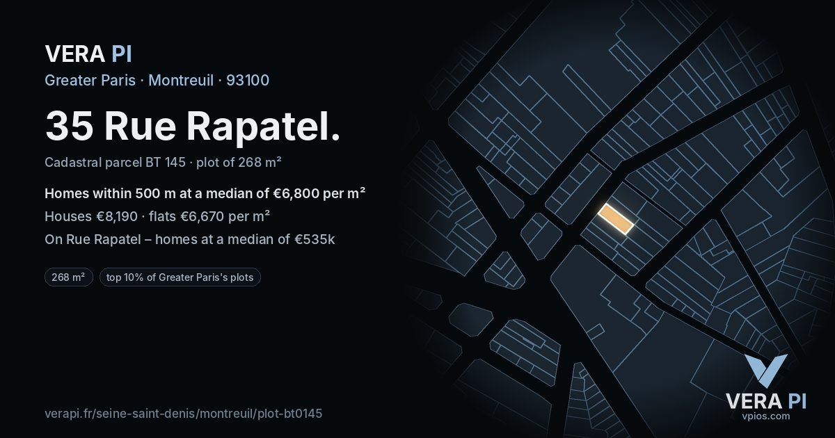 35 Rue Rapatel, Montreuil at night – the plot lit, the parcels around coloured by the prices near them
