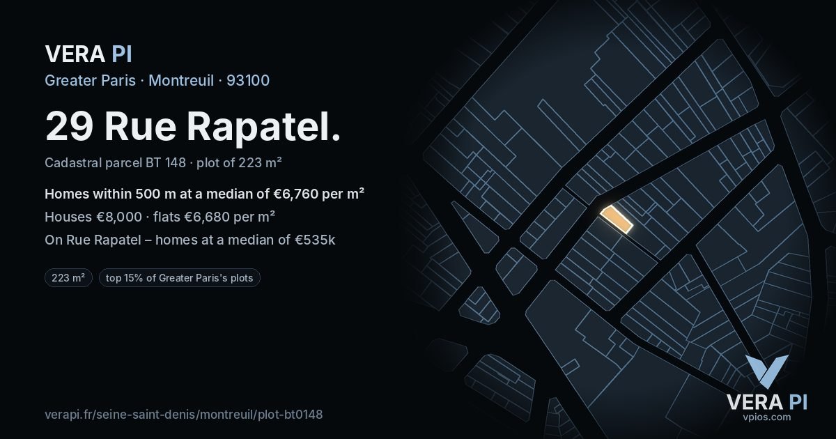 29 Rue Rapatel, Montreuil at night – the plot lit, the parcels around coloured by the prices near them