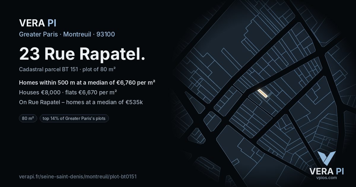 23 Rue Rapatel, Montreuil at night – the plot lit, the parcels around coloured by the prices near them