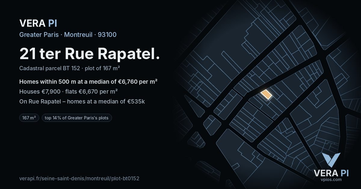 21 ter Rue Rapatel, Montreuil at night – the plot lit, the parcels around coloured by the prices near them