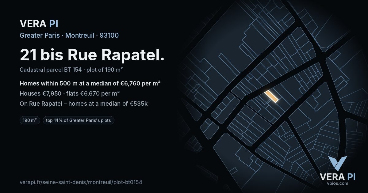 21 bis Rue Rapatel, Montreuil at night – the plot lit, the parcels around coloured by the prices near them