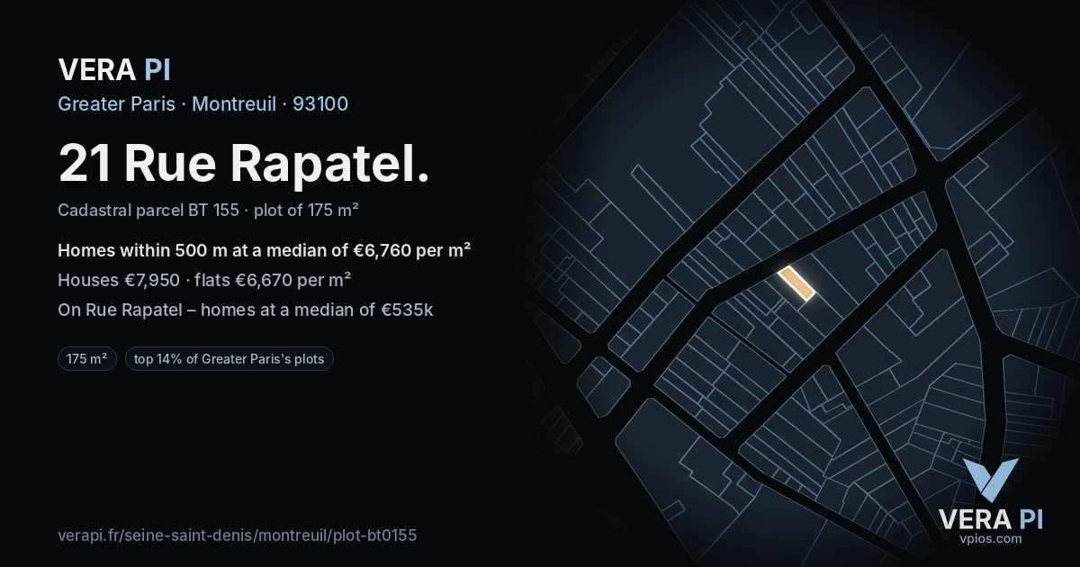 21 Rue Rapatel, Montreuil at night – the plot lit, the parcels around coloured by the prices near them