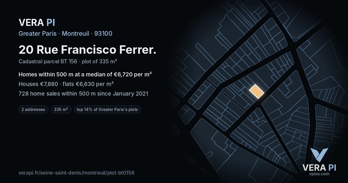 20 Rue Francisco Ferrer, Montreuil at night – the plot lit, the parcels around coloured by the prices near them