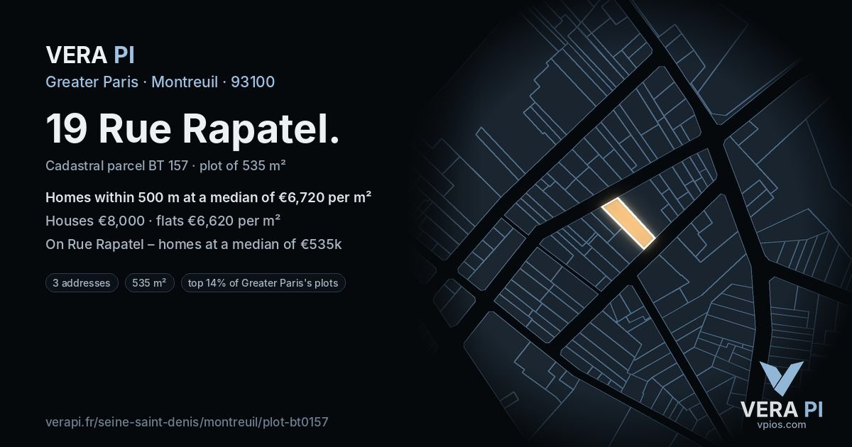 19 Rue Rapatel, Montreuil at night – the plot lit, the parcels around coloured by the prices near them