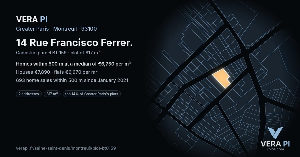 14 Rue Francisco Ferrer, Montreuil at night – the plot lit, the parcels around coloured by the prices near them