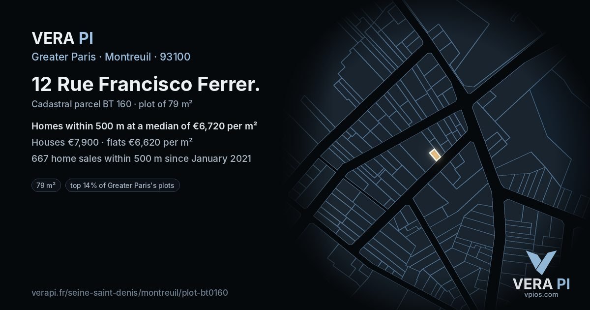 12 Rue Francisco Ferrer, Montreuil at night – the plot lit, the parcels around coloured by the prices near them