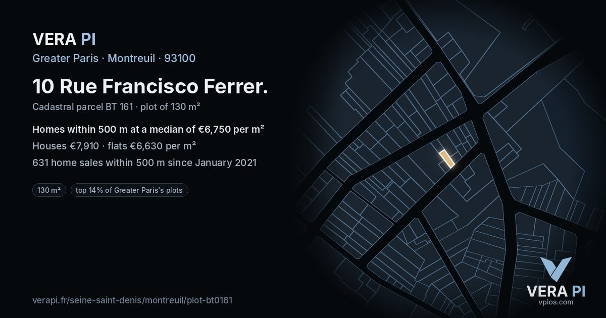 10 Rue Francisco Ferrer, Montreuil at night – the plot lit, the parcels around coloured by the prices near them