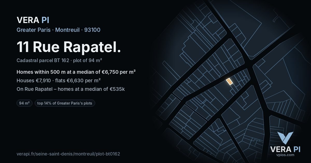 11 Rue Rapatel, Montreuil at night – the plot lit, the parcels around coloured by the prices near them